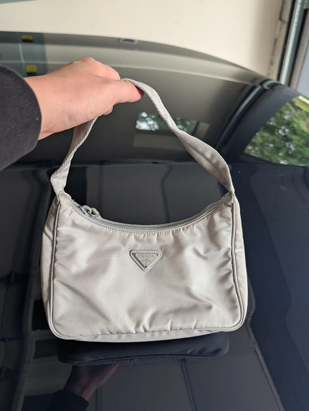 Prada Beige Nylon Shoulder Bag with Triangular Logo